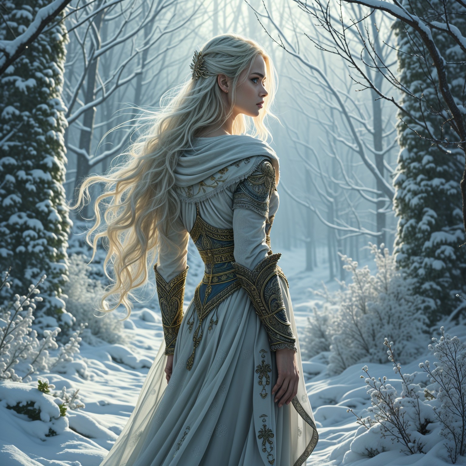Snow-Covered Forest with Elegant Figure in Gown