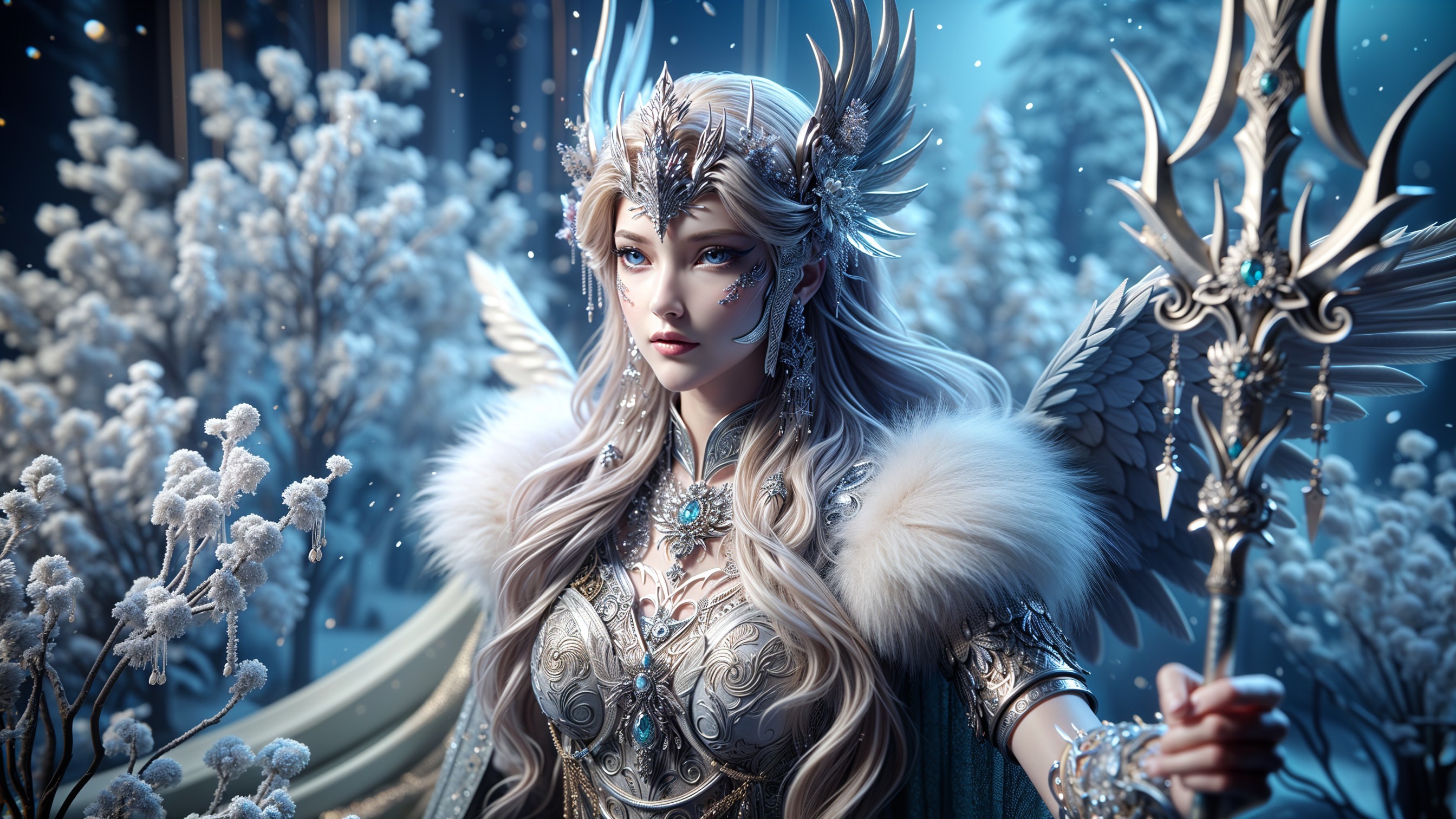 Majestic figure in silver armor in snowy landscape