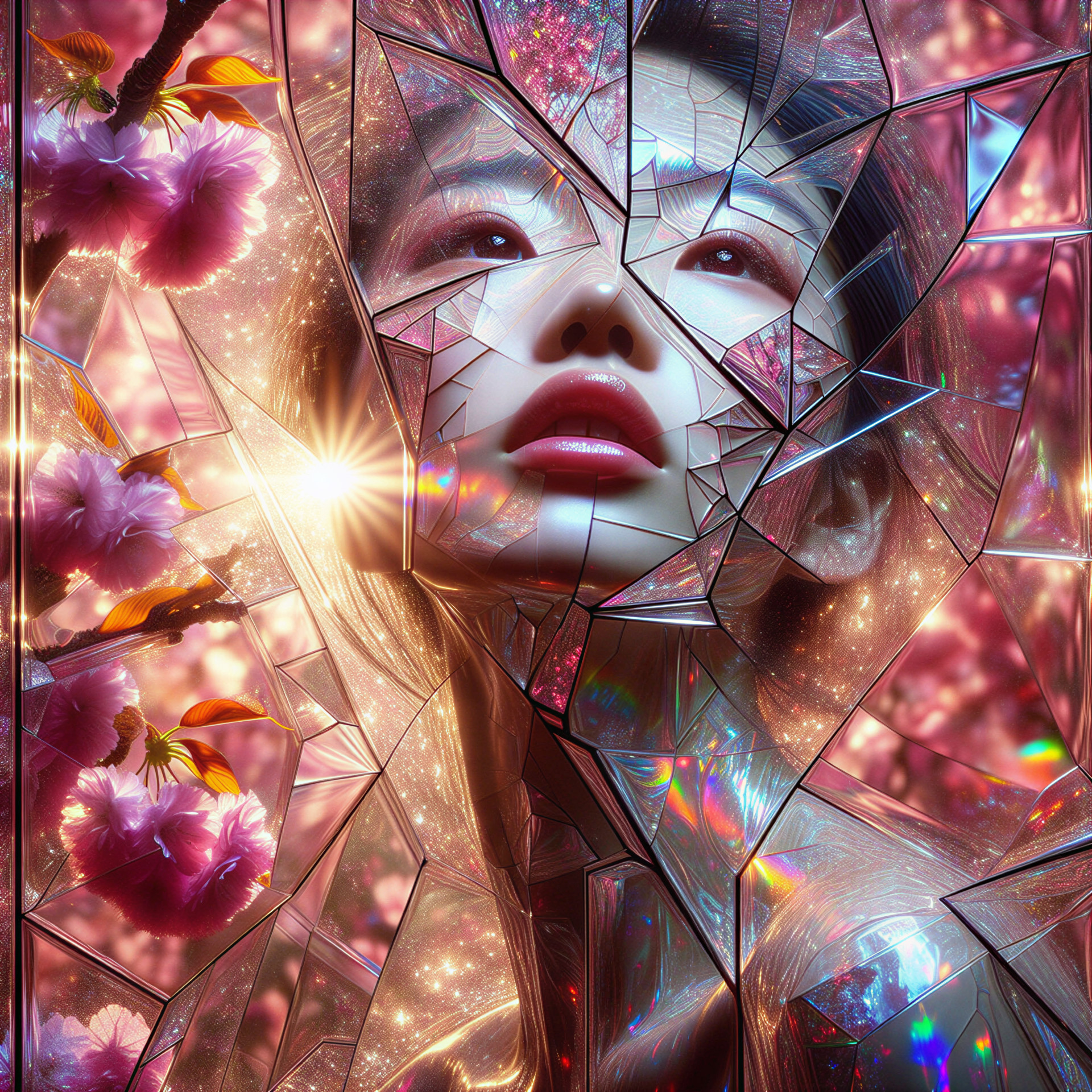 Fragmented Woman's Face Surrounded by Cherry Blossoms