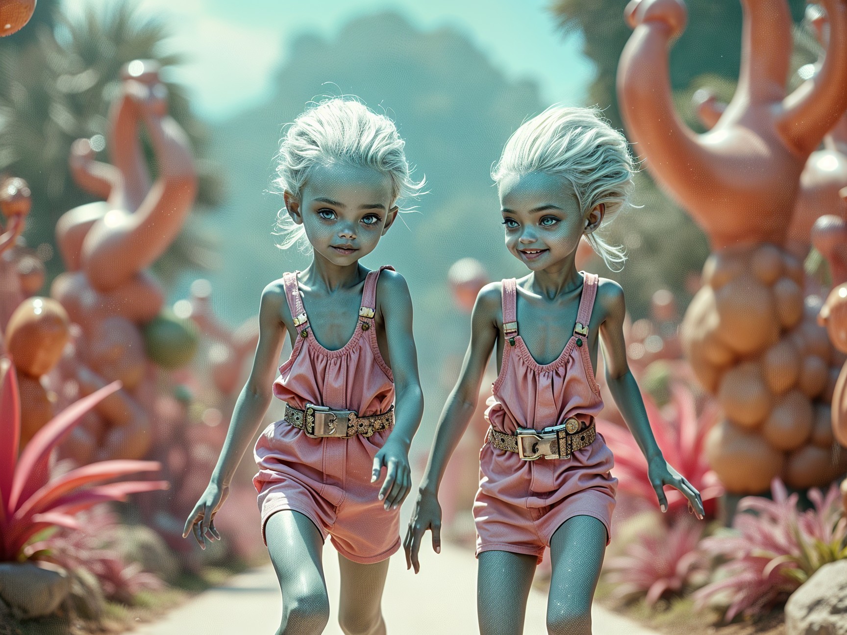 Whimsical Landscape with Playful Twin Characters