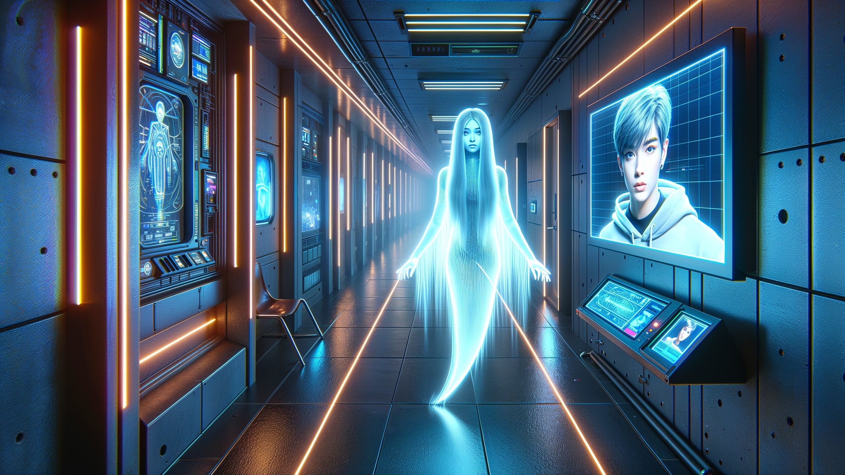 Futuristic Corridor with Holographic and Digital Displays