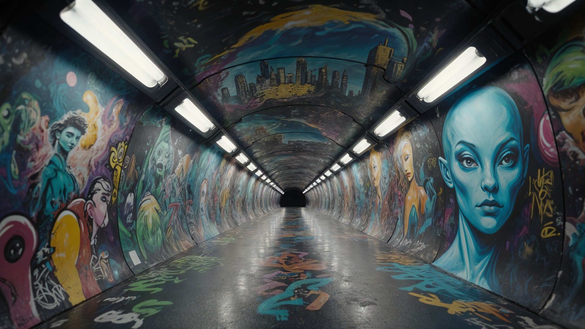 Vibrant Graffiti Tunnel with Colorful Artwork and Lights