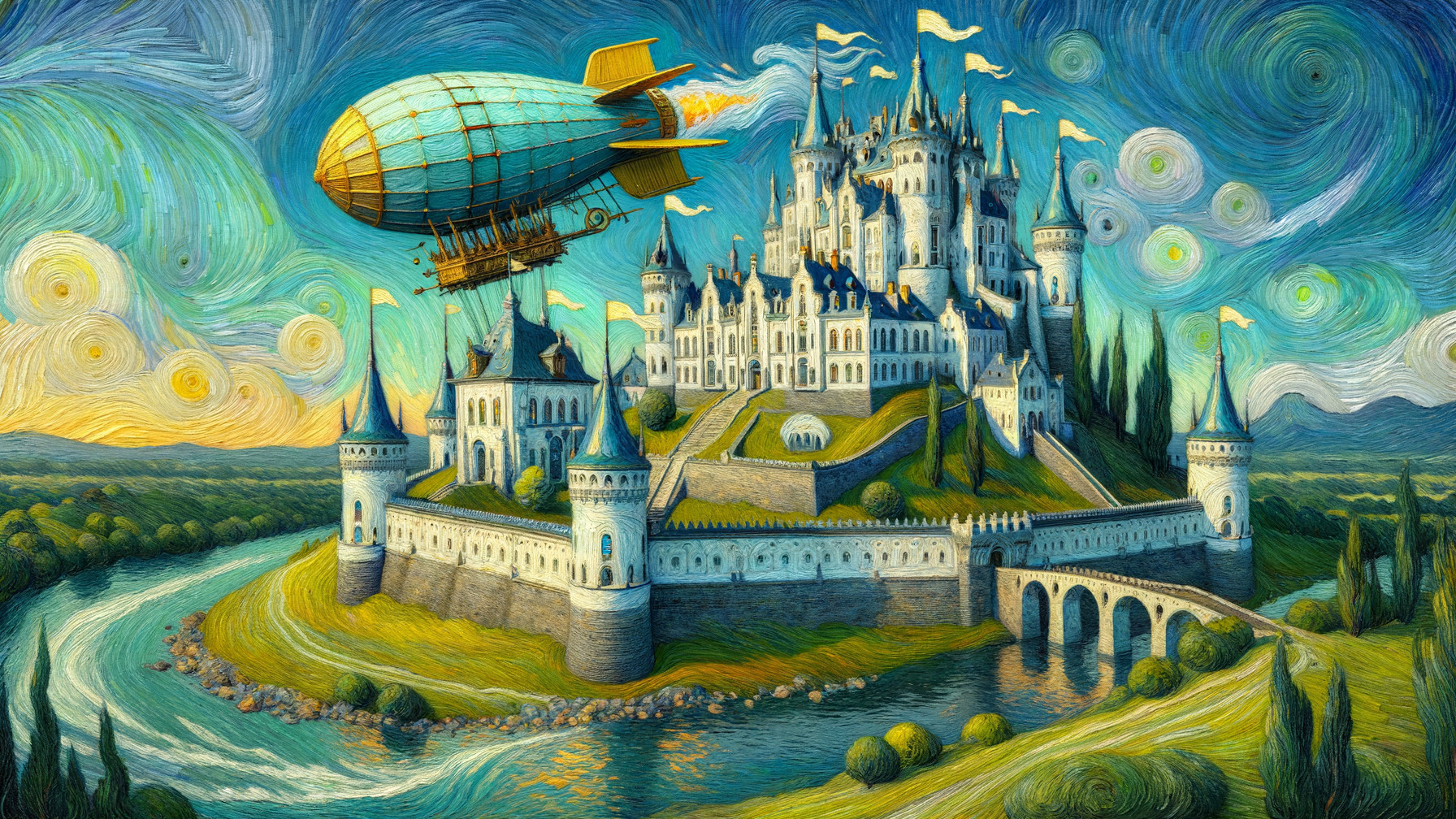Whimsical Landscape with Castle and Airship Elements