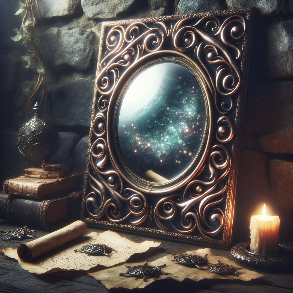 Ornate Mirror Reflecting Cosmic Scene on Rustic Table