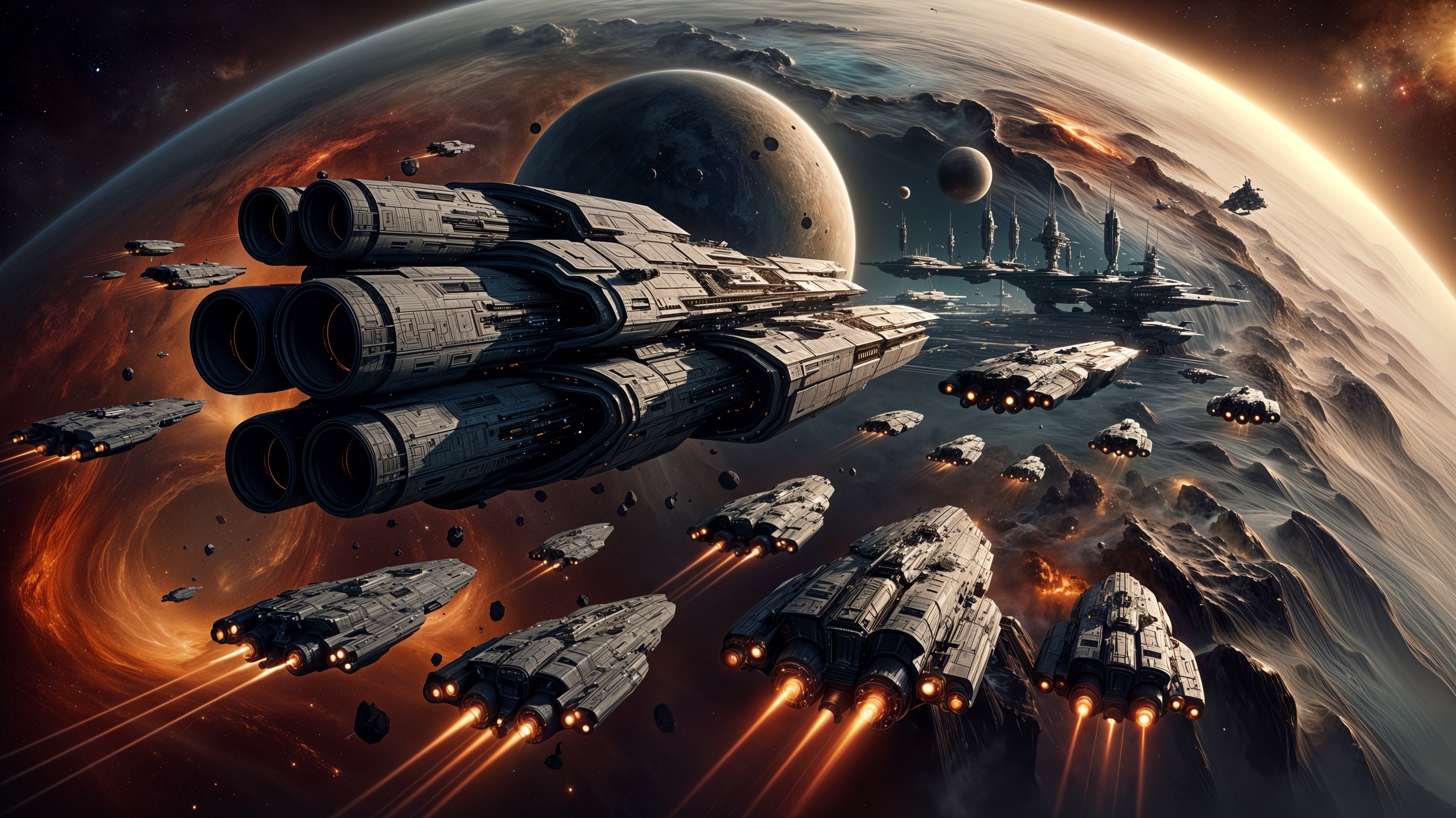Futuristic Space Scene with Sleek Spacecraft Fleet
