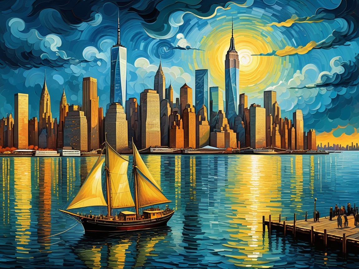 Vibrant Sunset Over New York City Skyline and Water