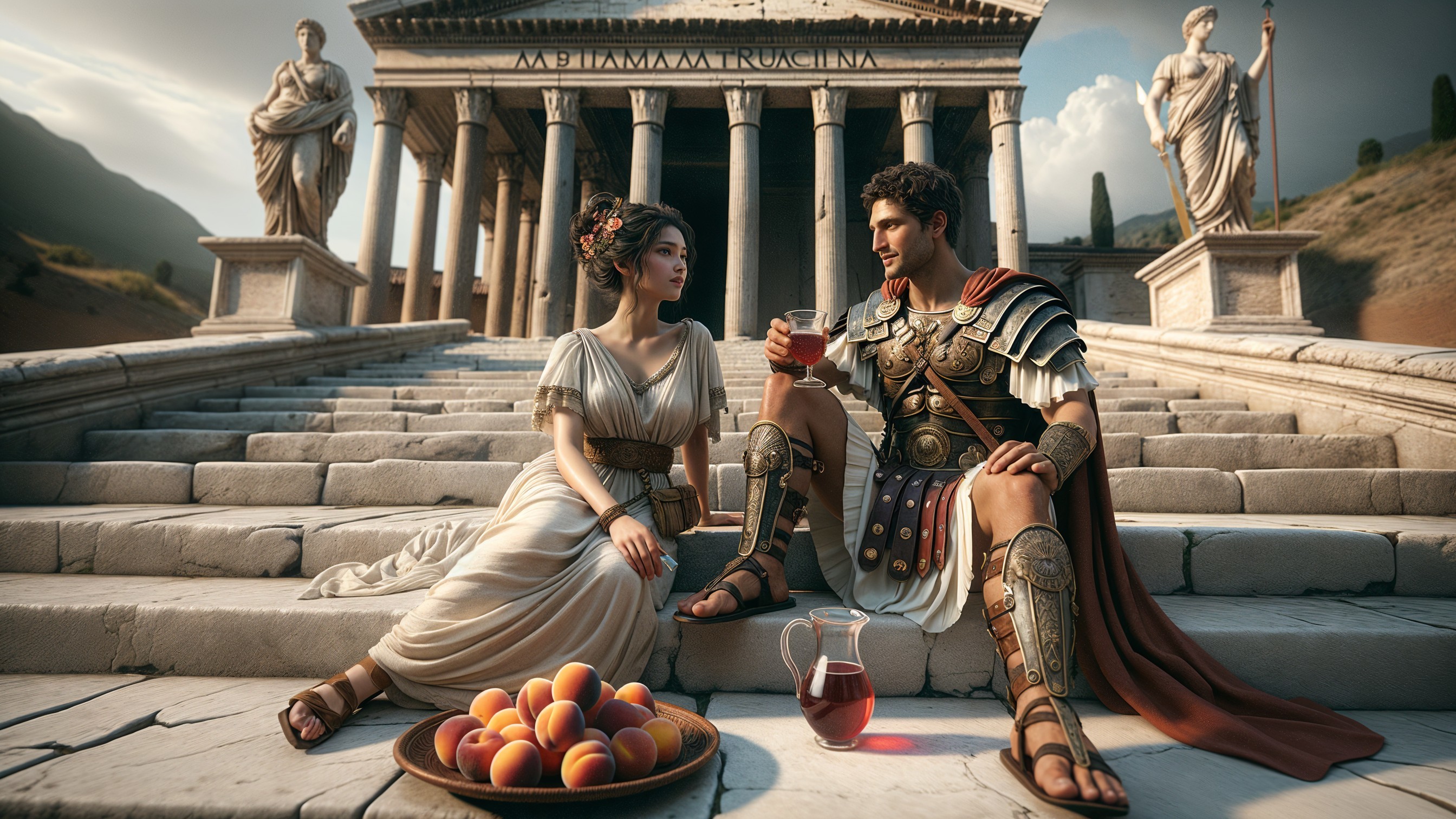 Roman Soldier and Woman at Ancient Temple Steps