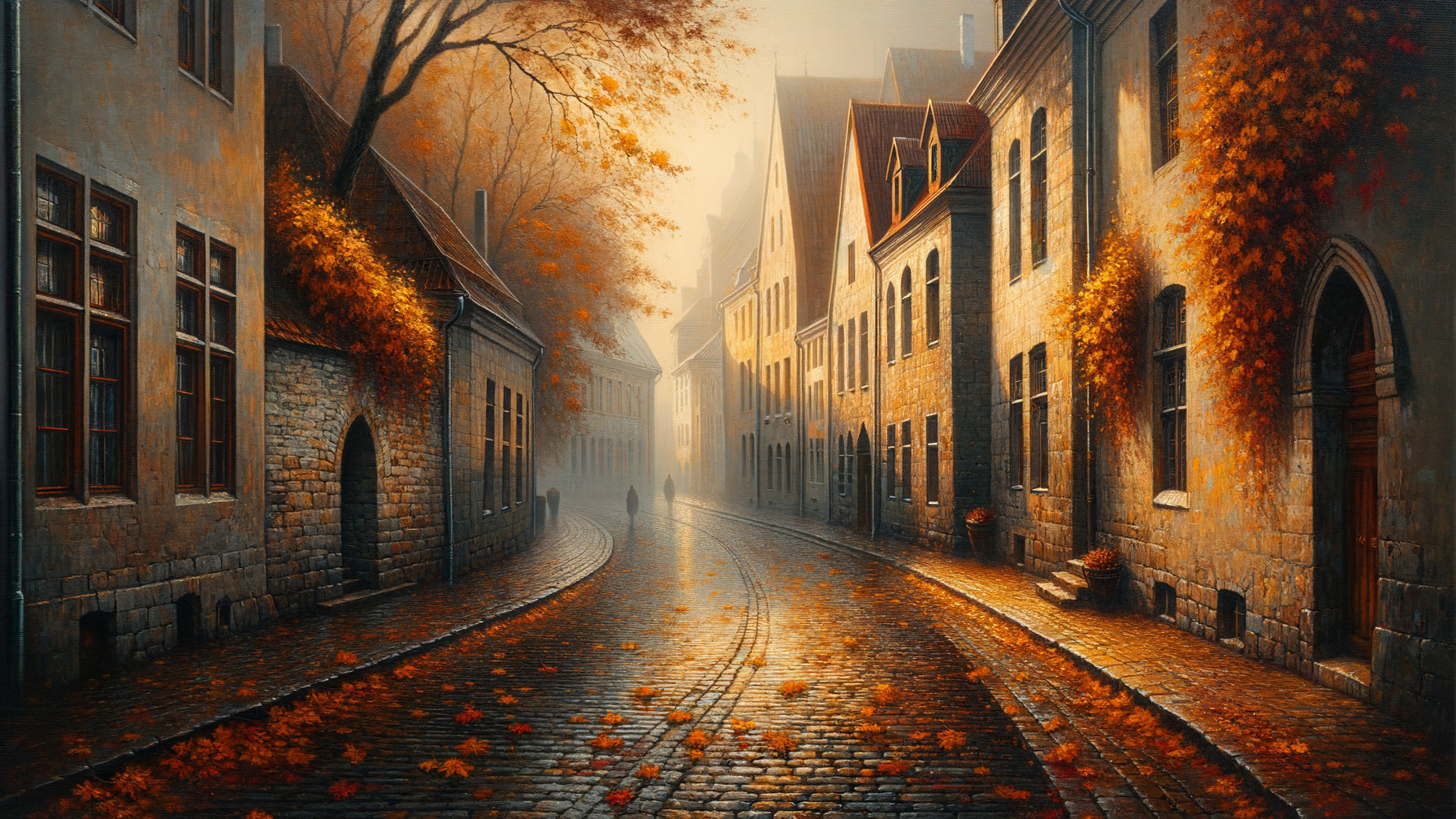 Autumn Scene of a Cobblestone Street in a Village
