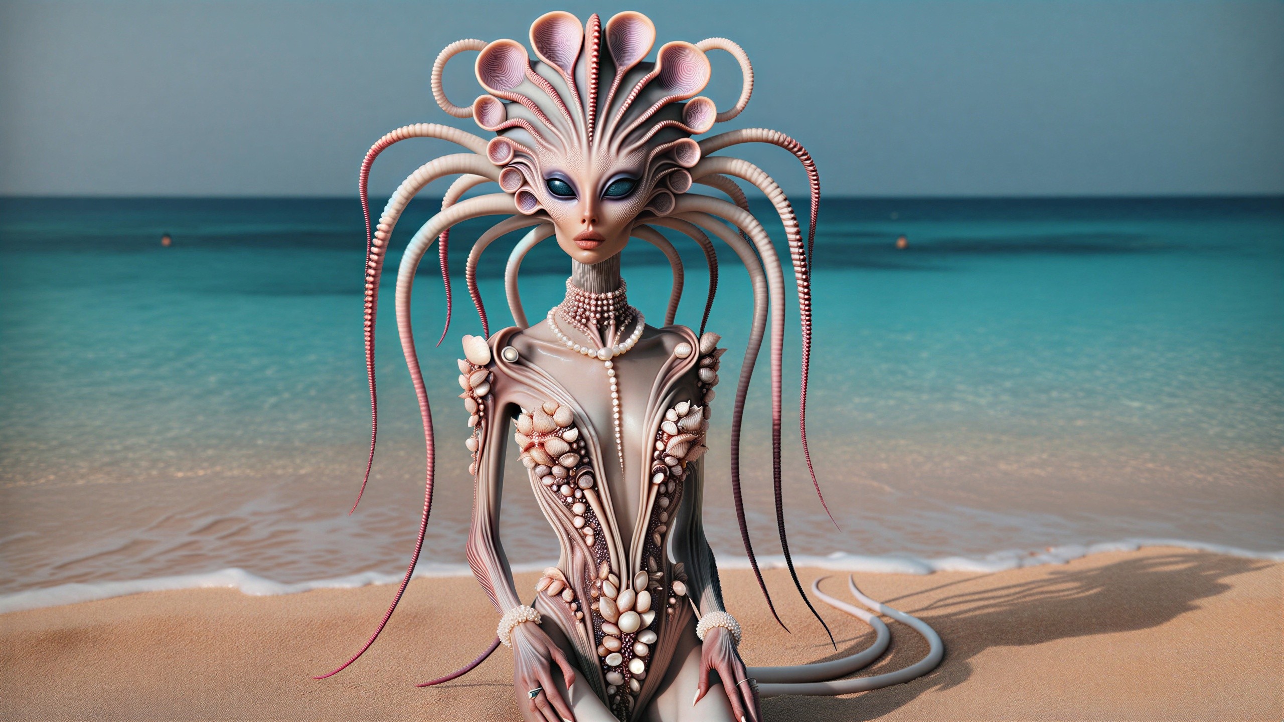 Surreal Alien Figure on a Sandy Beach with Turquoise Waters