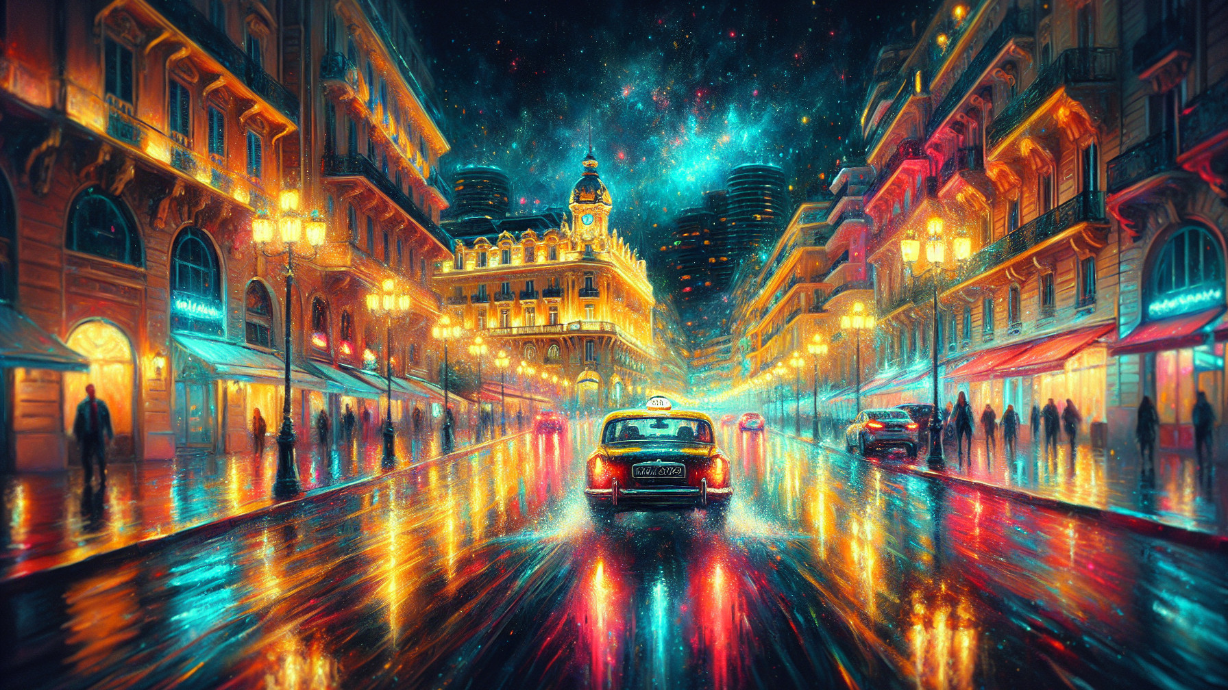 Vibrant Night City Scene with Illuminated Streetlights