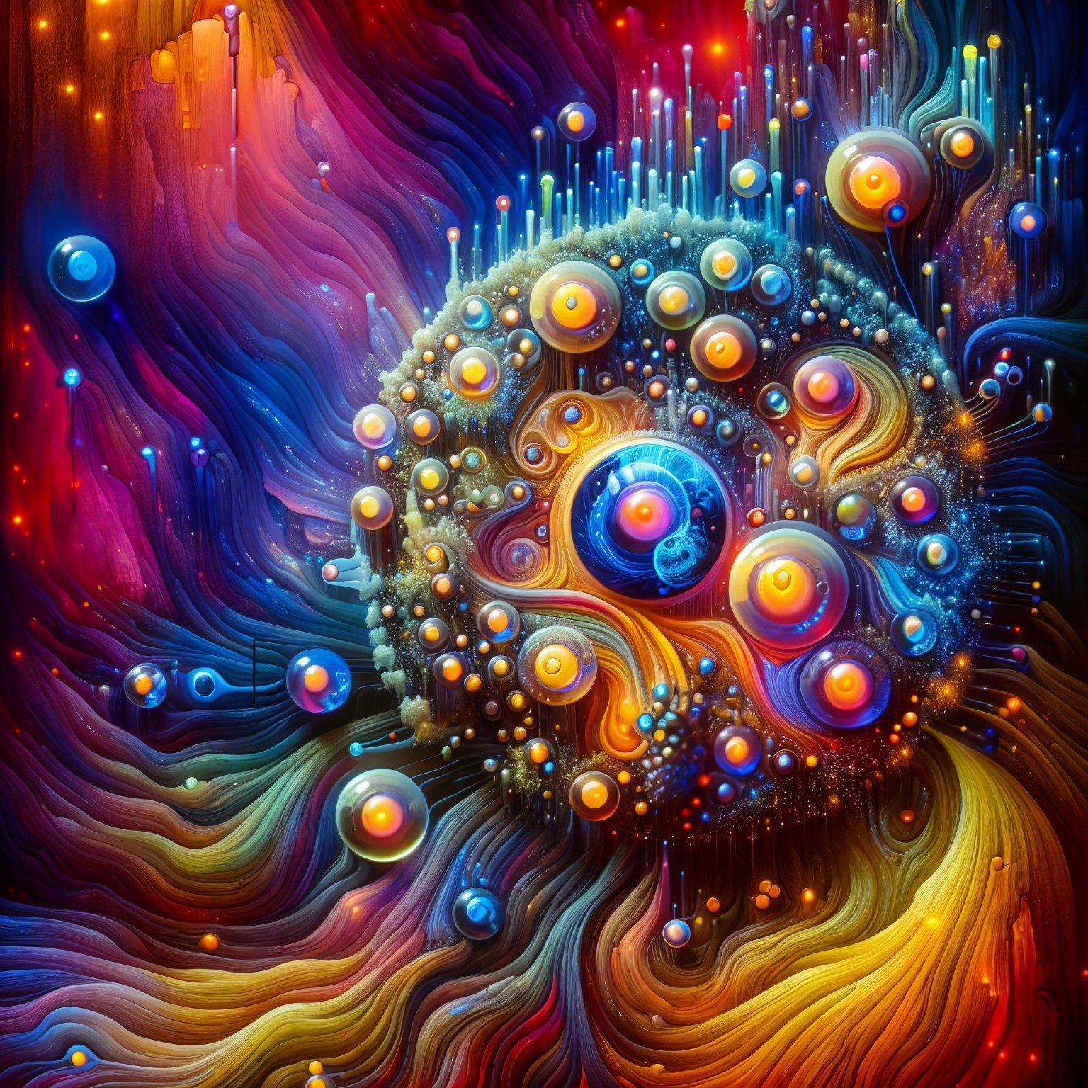 Vibrant Cosmic Scene with Swirling Colors and Orbs