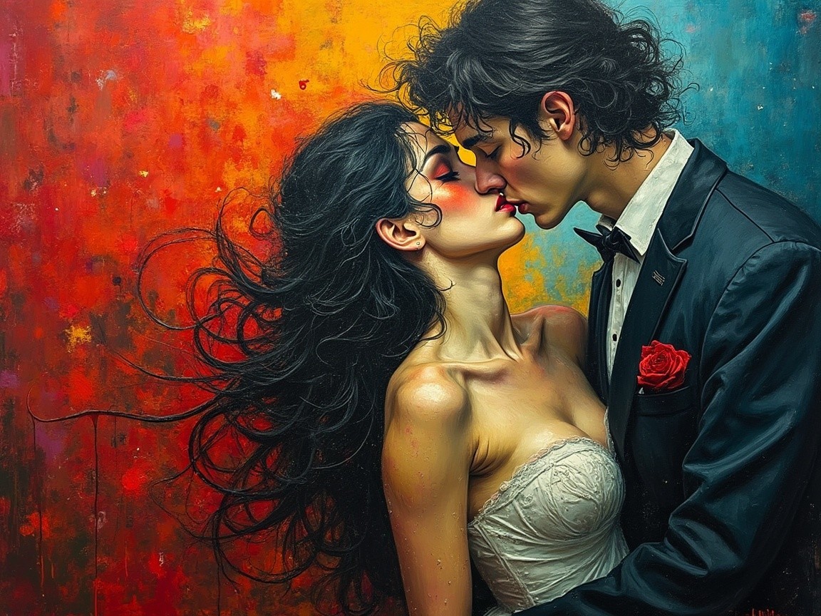 Couple in Tender Kiss Against Vibrant Background