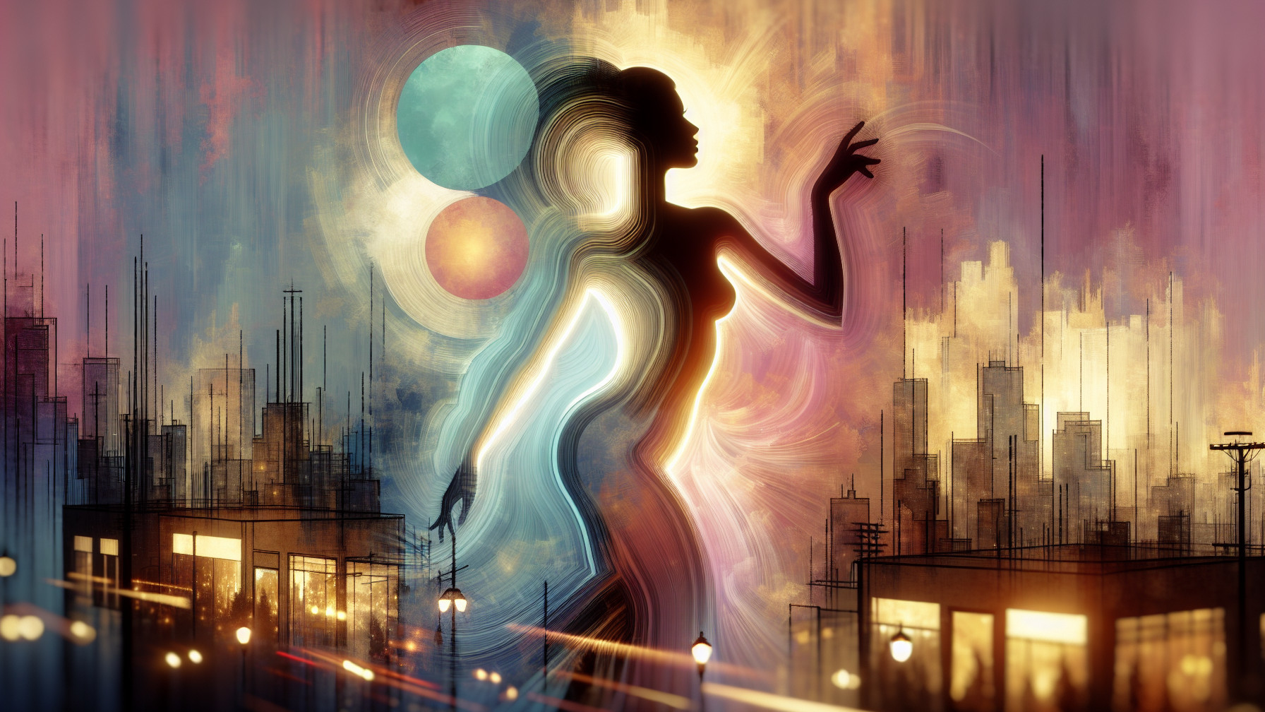 Ethereal Woman Dances in Vibrant Cityscape Scene