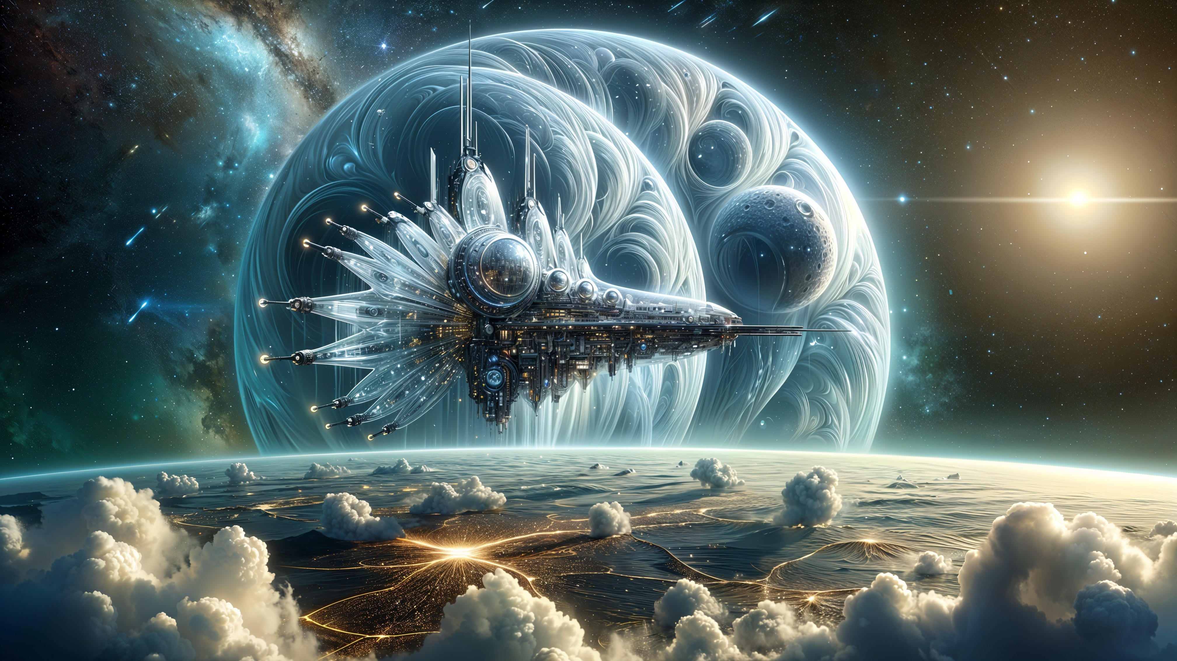 Majestic Space Station Amid Swirling Gases and Planets