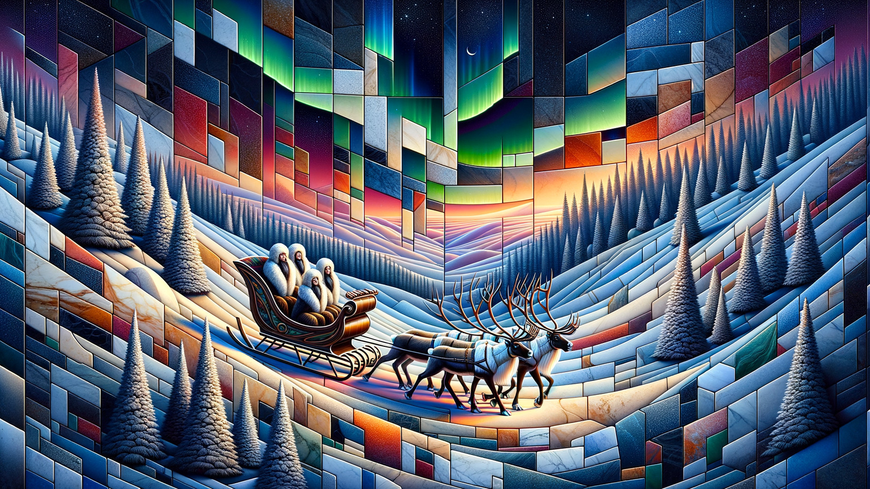 Vibrant Winter Scene with Aurora Borealis and Sleigh