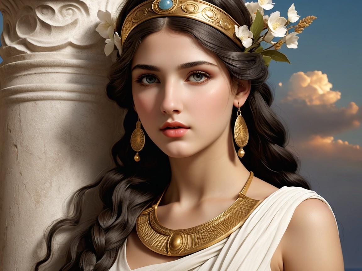 Young woman in white gown with floral crown and gold