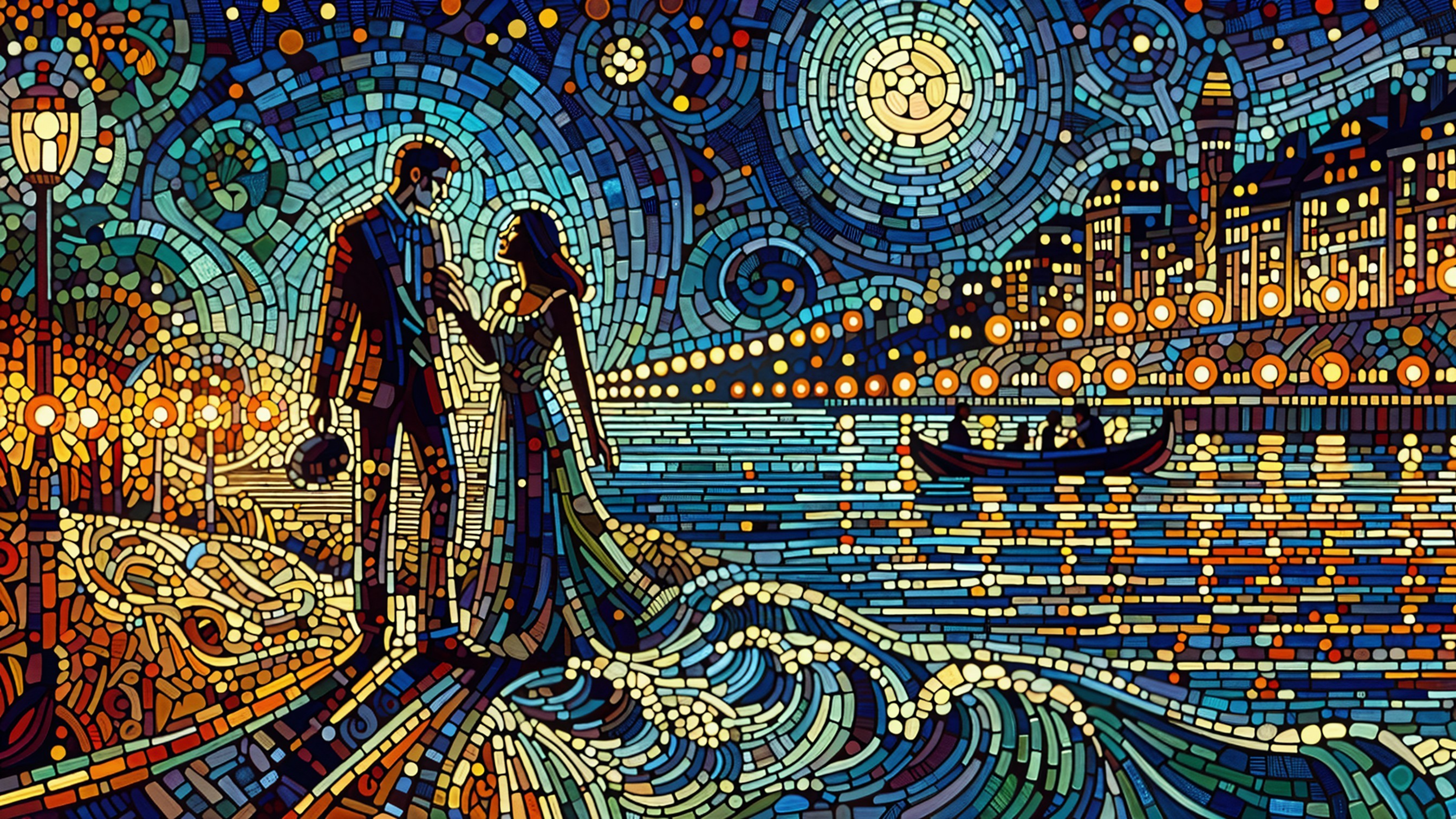Mosaic Scene of a Couple by Moonlit Water