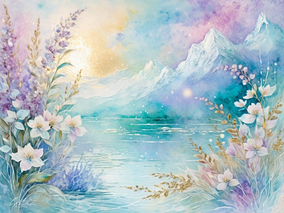 Serene Watercolor Landscape with Flowers and Mountains