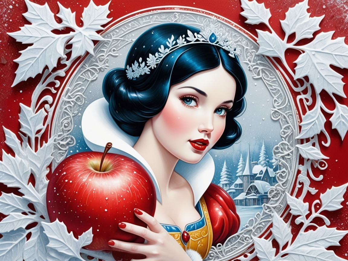 Snow White Portrait with Apple in Winter Village Setting