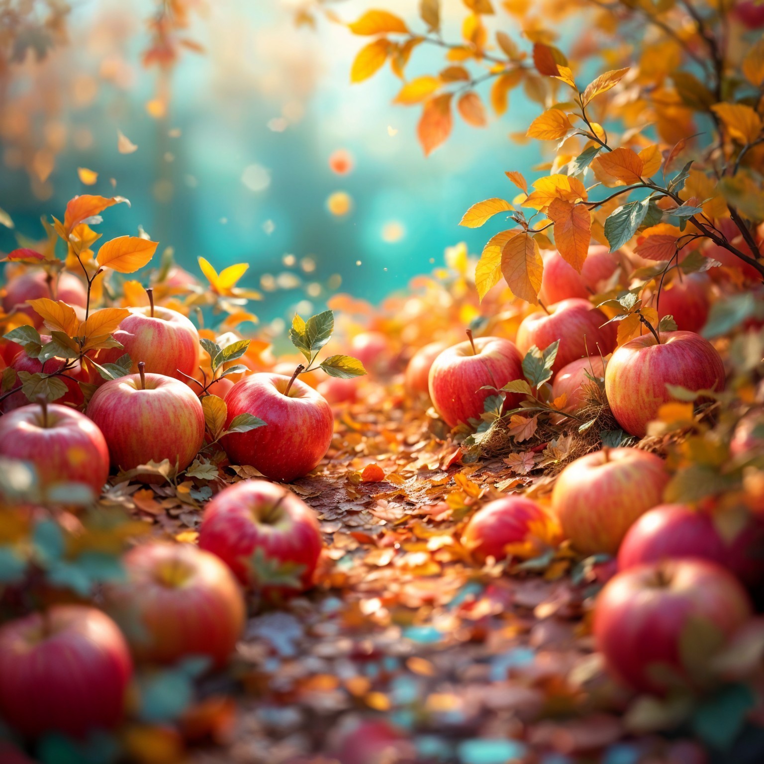 Autumn Pathway with Red Apples and Colorful Leaves