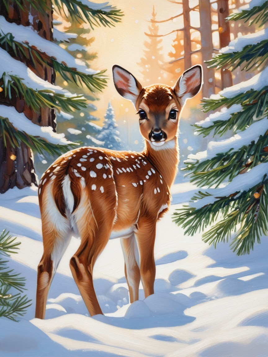 Fawn in Snowy Forest with Sunlit Evergreen Trees