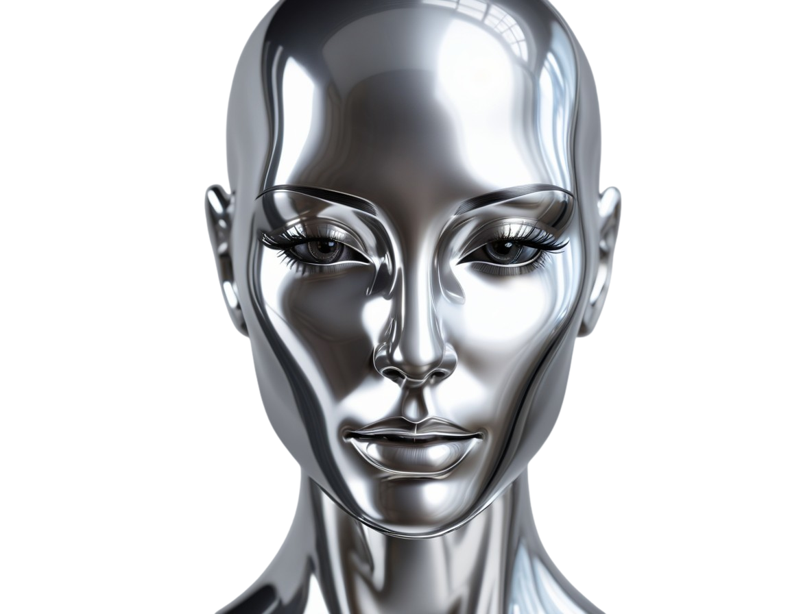 Reflective Metallic Humanoid Face with Serene Expression