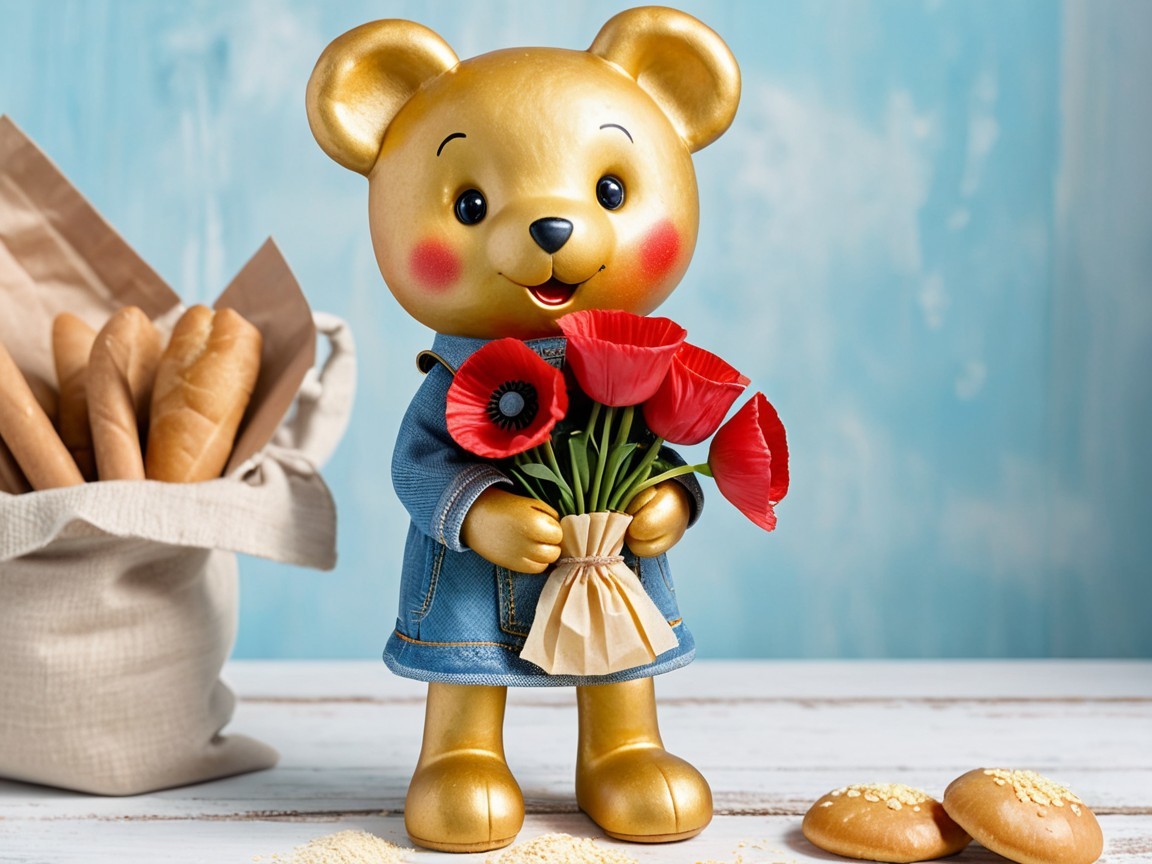 Cheerful golden bear figurine with breadsticks and poppies