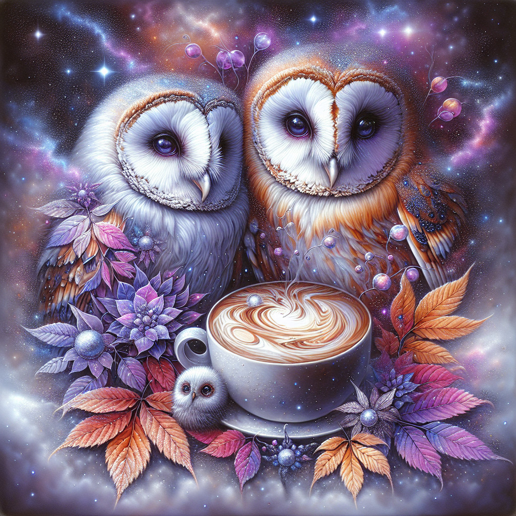 Owls in Cosmic Scene with Coffee and Vibrant Leaves