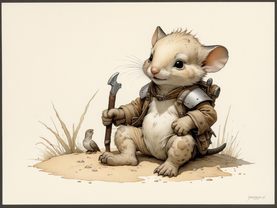 Cartoon Mouse in Desert with Axe and Bird Companion