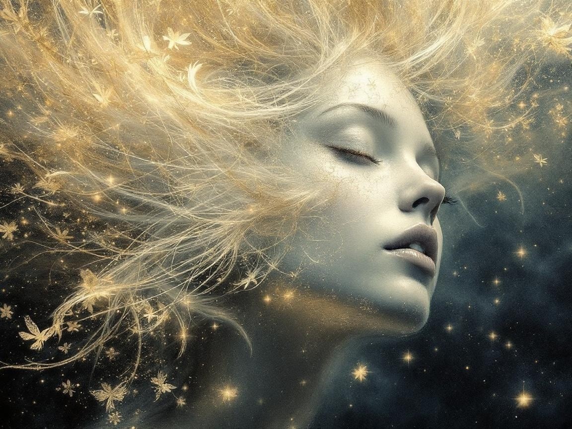 Ethereal Figure Surrounded by Stars and Floral Motifs