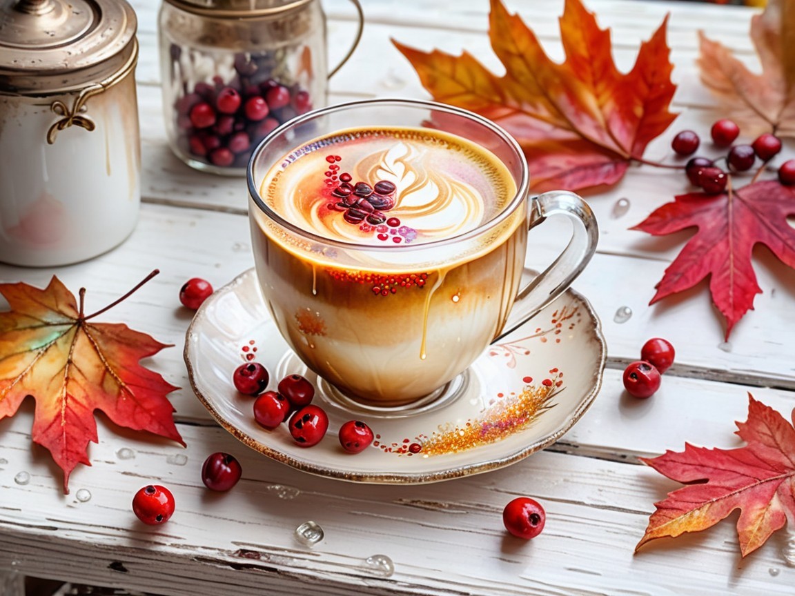 Autumn Coffee with Latte Art and Maple Leaves