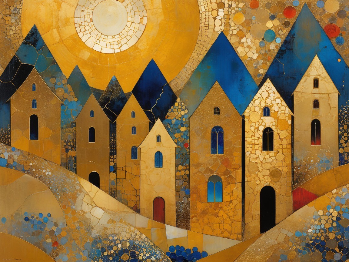 Impressionistic Art of a Hilly Small Town at Sunset