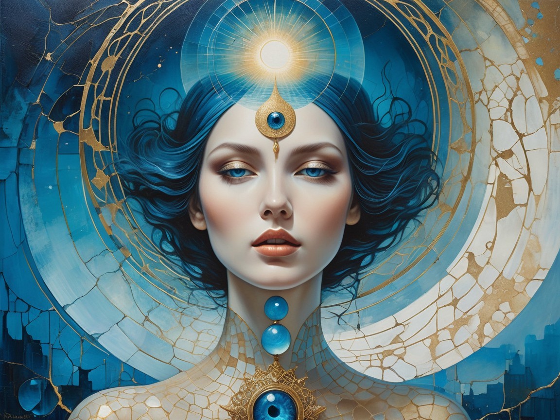 Ethereal Woman with Blue Hair and Golden Patterns