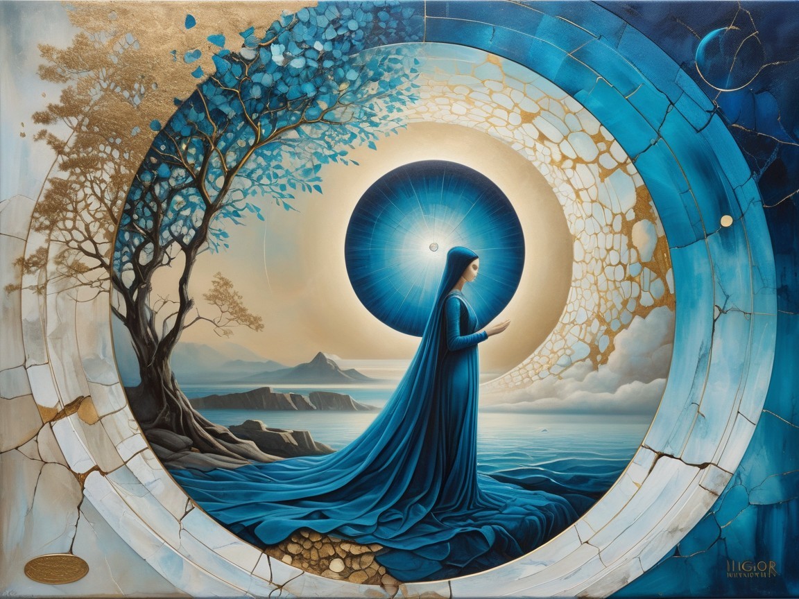 Serene Woman in Blue Robe by Tranquil Seascape