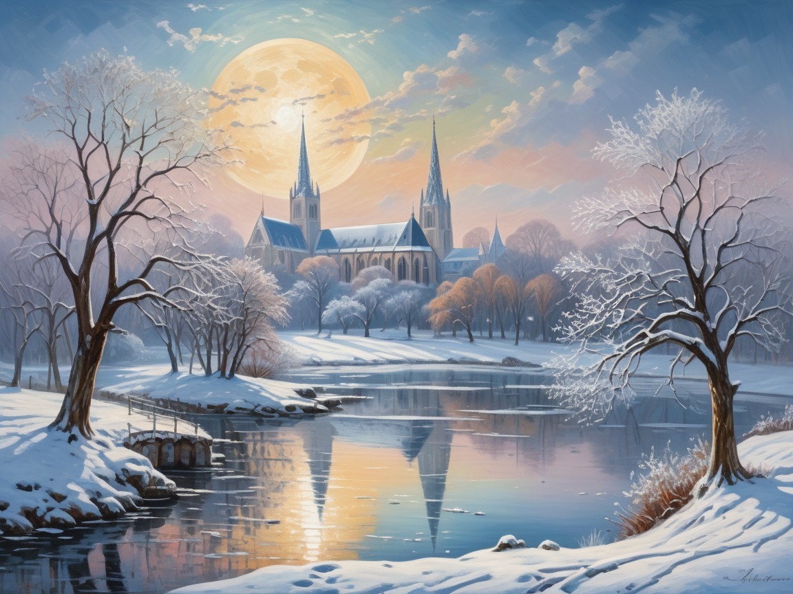 Tranquil Winter Scene with Church and Snowy Landscape
