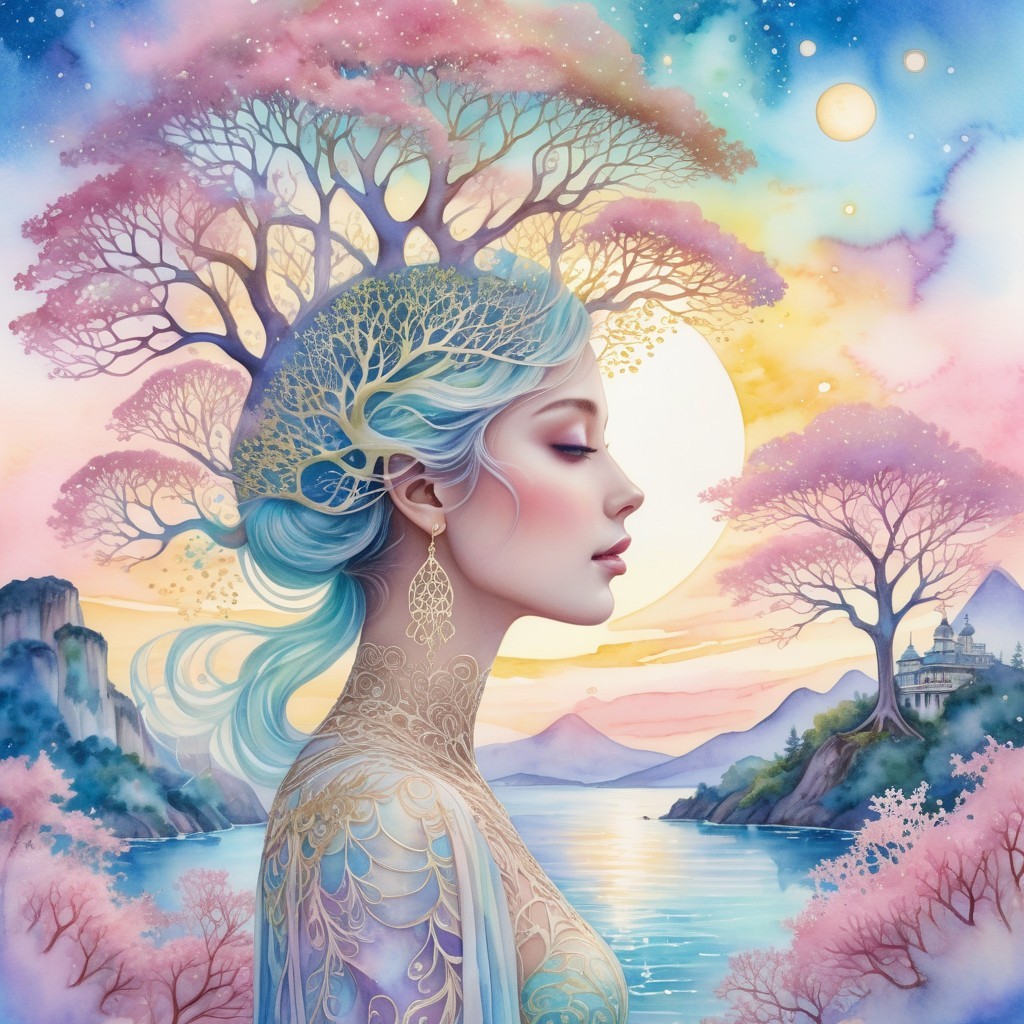 Serene Woman with Icy-Blue Hair in Dreamlike Landscape