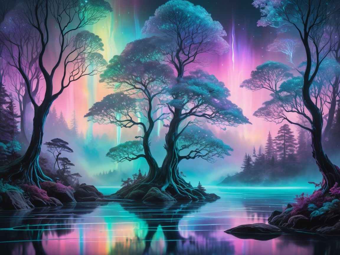 Vibrant Trees and Colorful Auroras in Serene Landscape