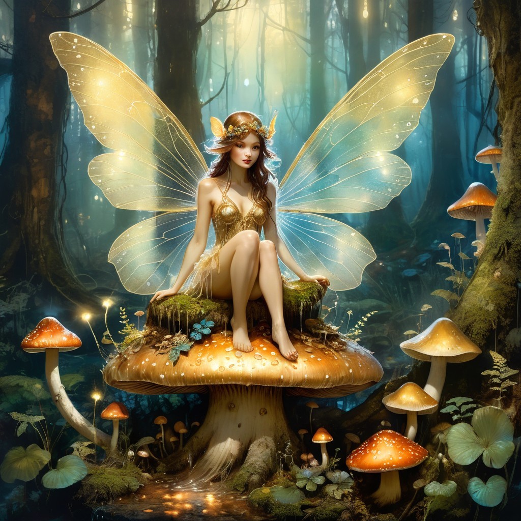 Fairy in Ethereal Light on Giant Mushroom in Forest