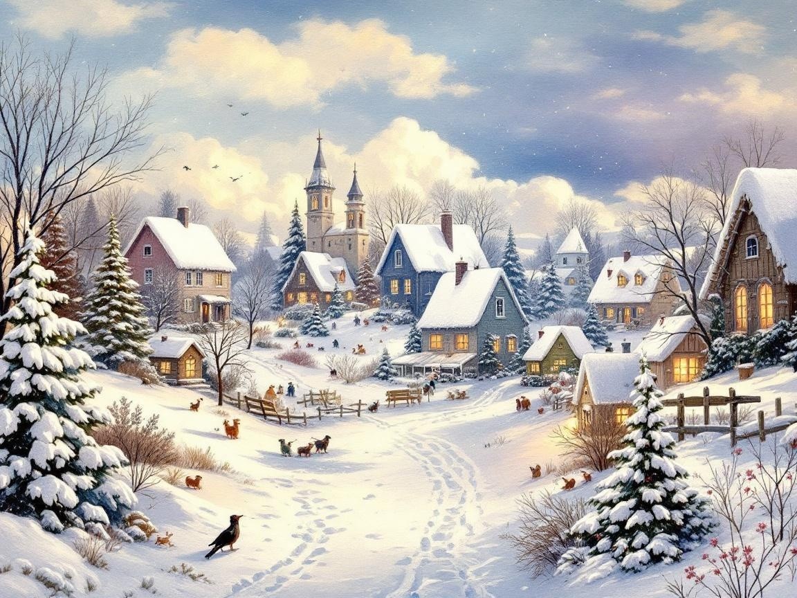 Picturesque Winter Village Scene with Snowy Cottages