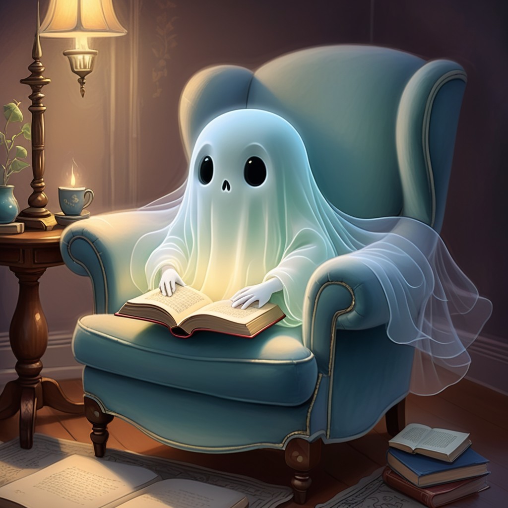 Cozy Room with Ghost Reading a Glowing Book
