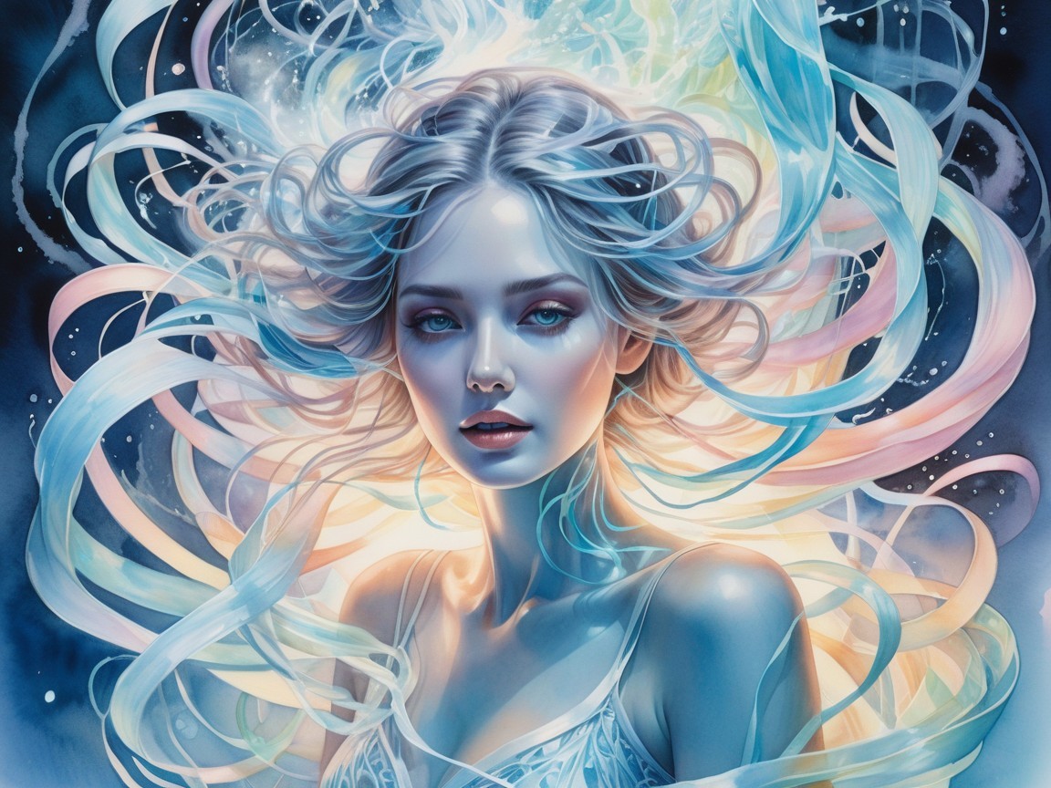 Ethereal Woman Surrounded by Pastel Ribbons and Light