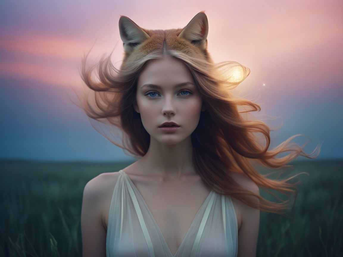 Serene portrait of a young woman in a field at dusk