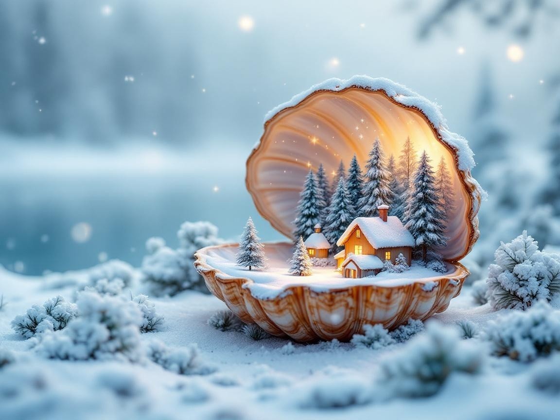 Whimsical Winter Scene Inside a Giant Seashell