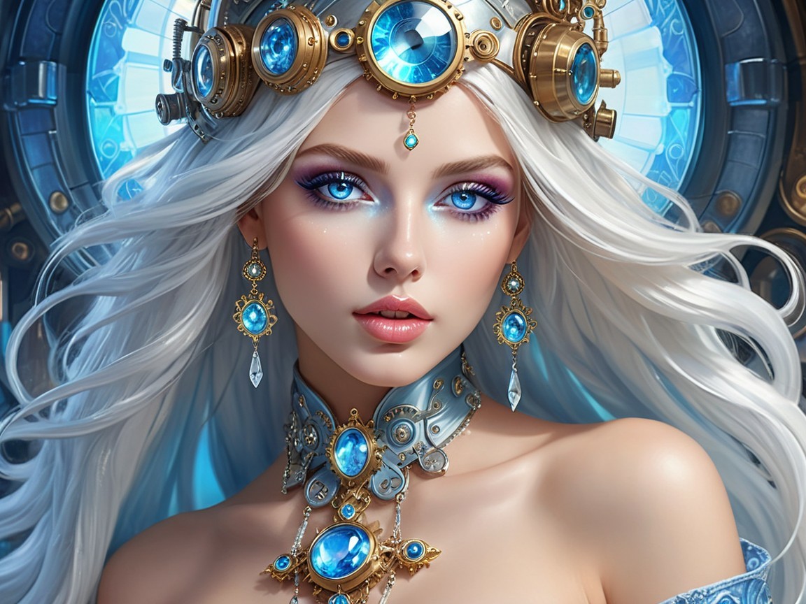 Elegant woman with white hair and blue gemstones
