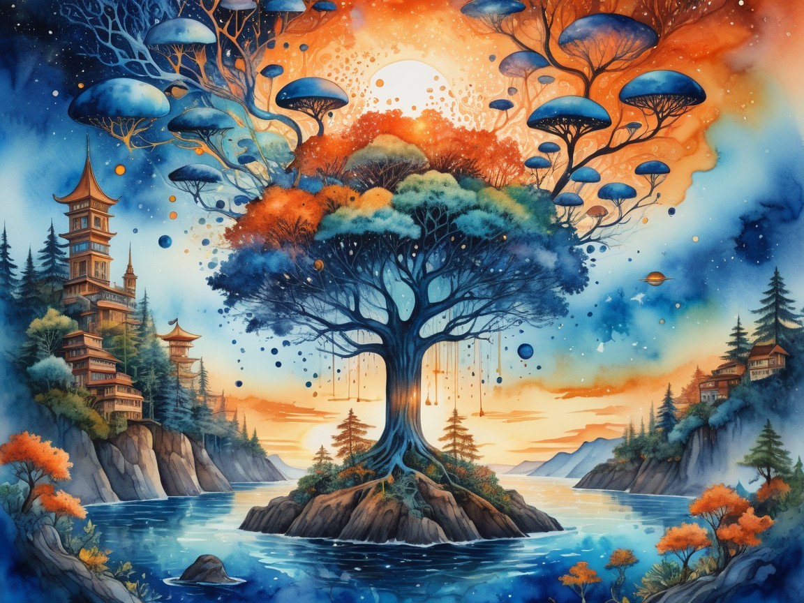 Surreal Landscape with Tree, River, and Pagodas