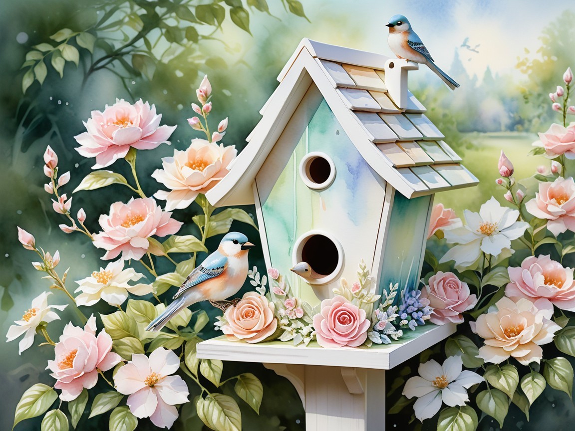 Wooden birdhouse in garden with bluebirds and roses
