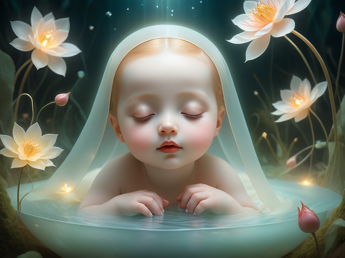 Serene Baby in Tranquil Water Surrounded by Lotus Flowers