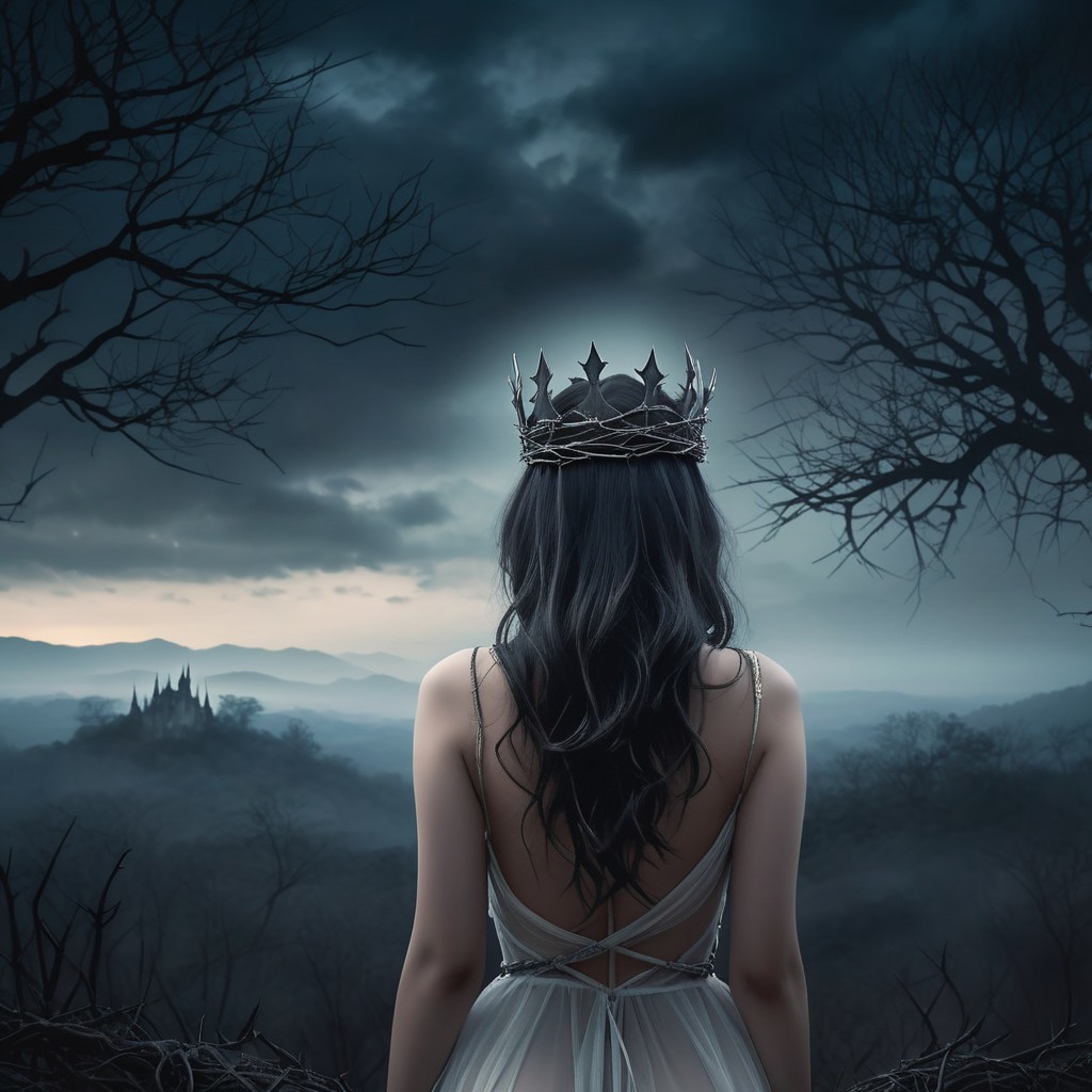 Gothic Castle Under Stormy Sky with Figure in Gown