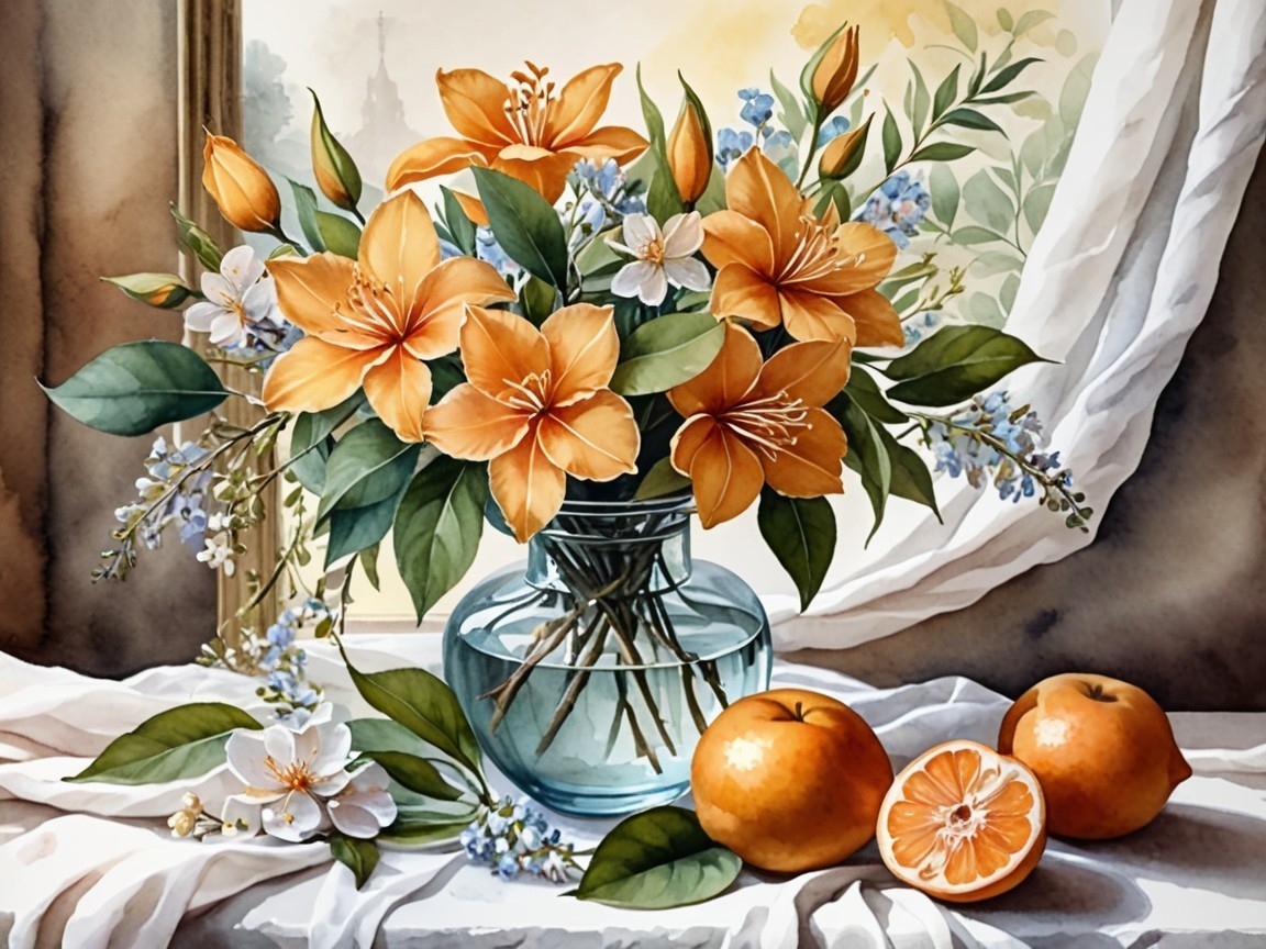 Vibrant Still Life with Lilies and Fresh Oranges