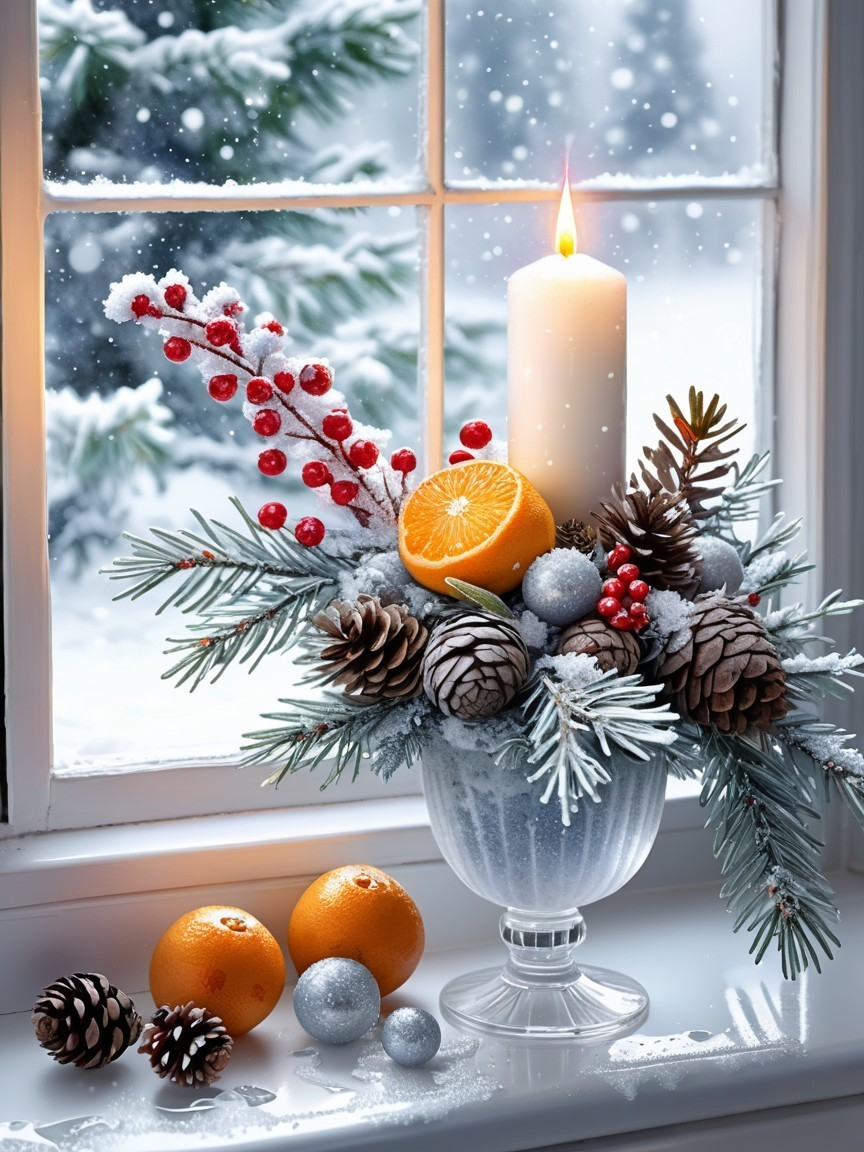 Winter Centerpiece with Candle, Pinecones, and Berries